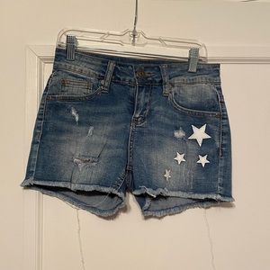 Blue Desire jean shorts with white stars, size 3